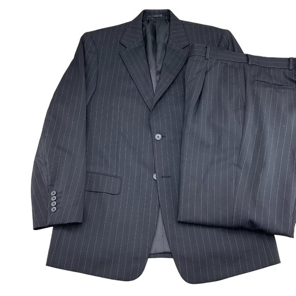 Jeffrey‎ Banks Suit Men 40R 34W 29L Black White Pinstripe Pleat Double Vent Wool - Picture 1 of 16